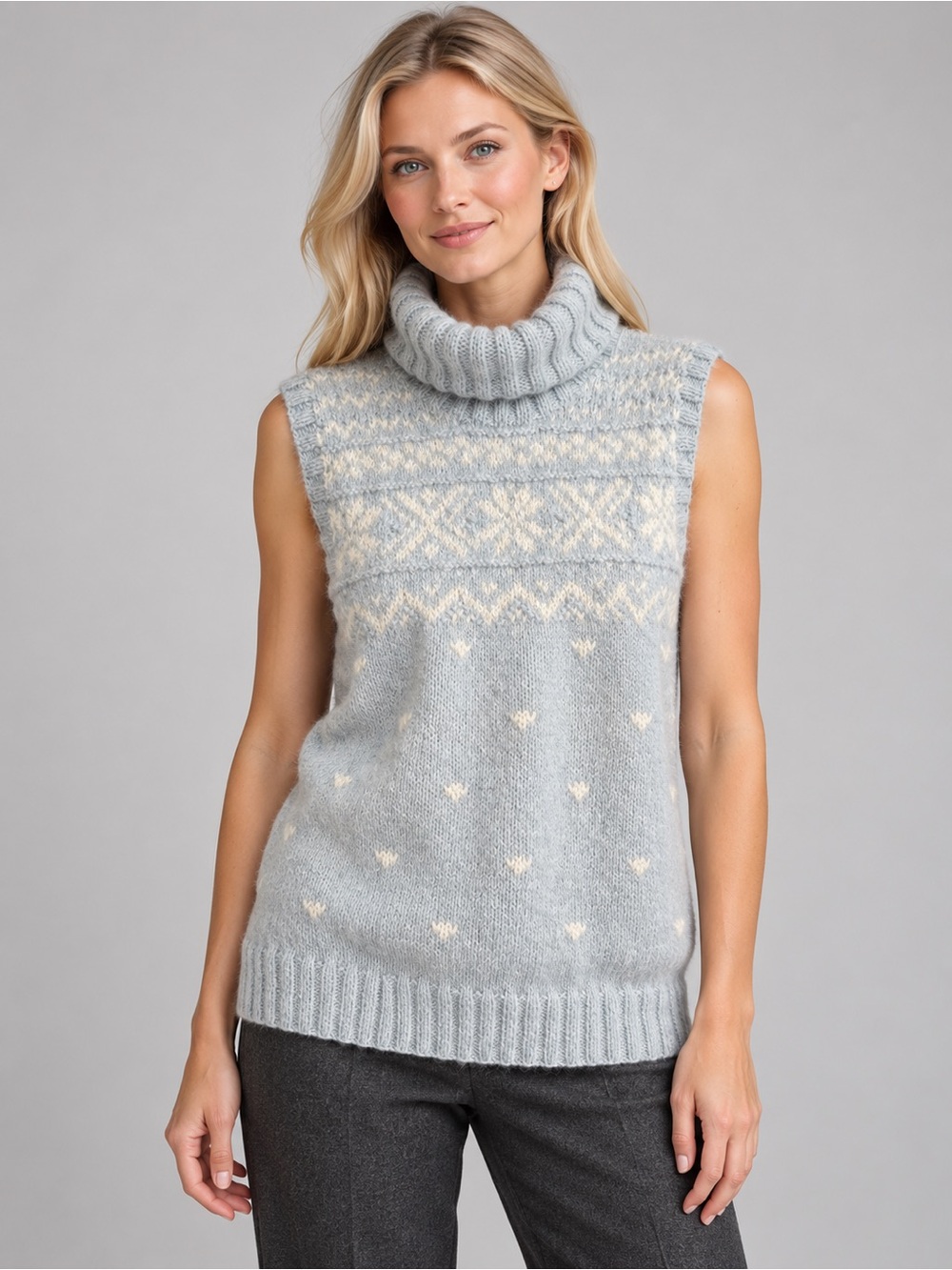 Ralph Lauren Thick Hand Knit Blue Cream Fair Isle Angora Turtleneck Sweater XL